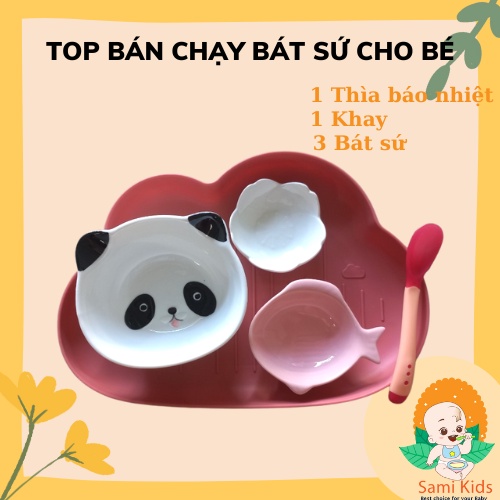 Set bát sứ ăn dặm kèm khay và thìa cho bé, tô chén gốm sứ ăn cơm cho trẻ em SAMI KIDS