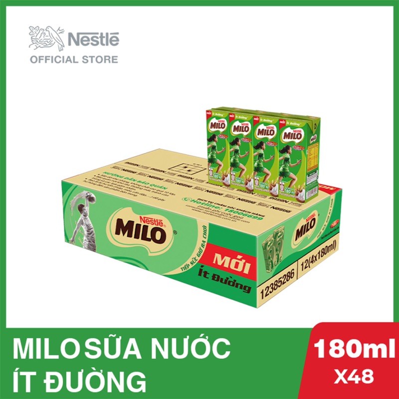 Thùng Thức Uống Lúa Mạch Uống Liền Nestlé MILO Ít Đường 48 hộp x 180ml