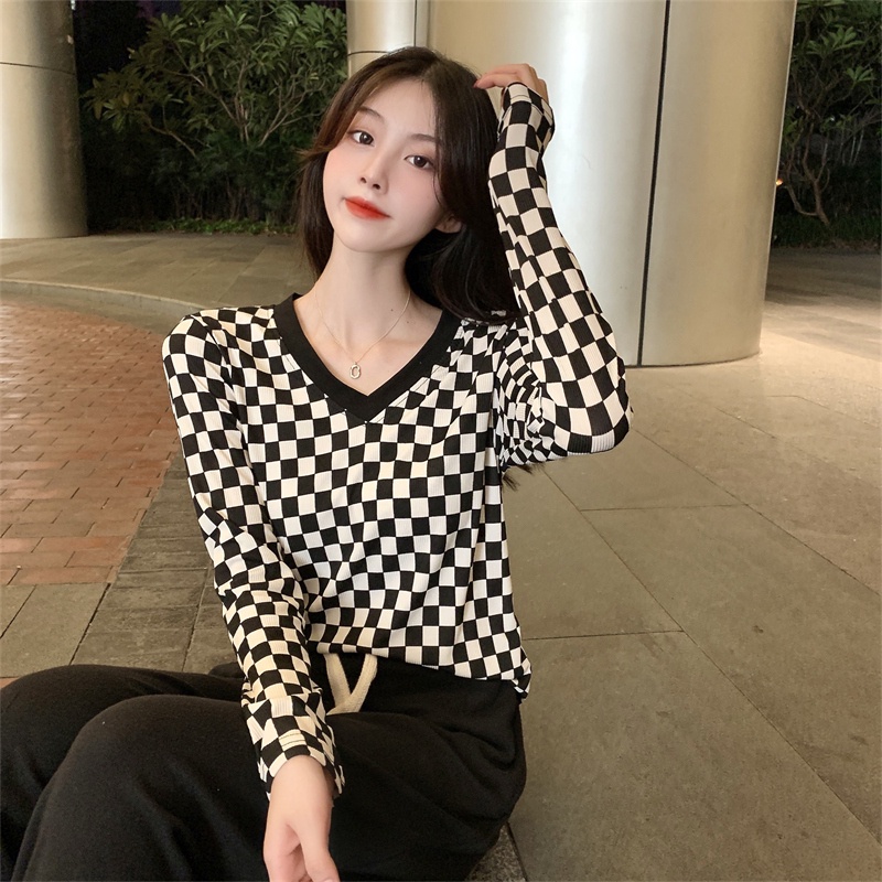 Áo thun ZHELIHANGFEI tay dài cổ chữ V họa tiết sọc caro thời trang