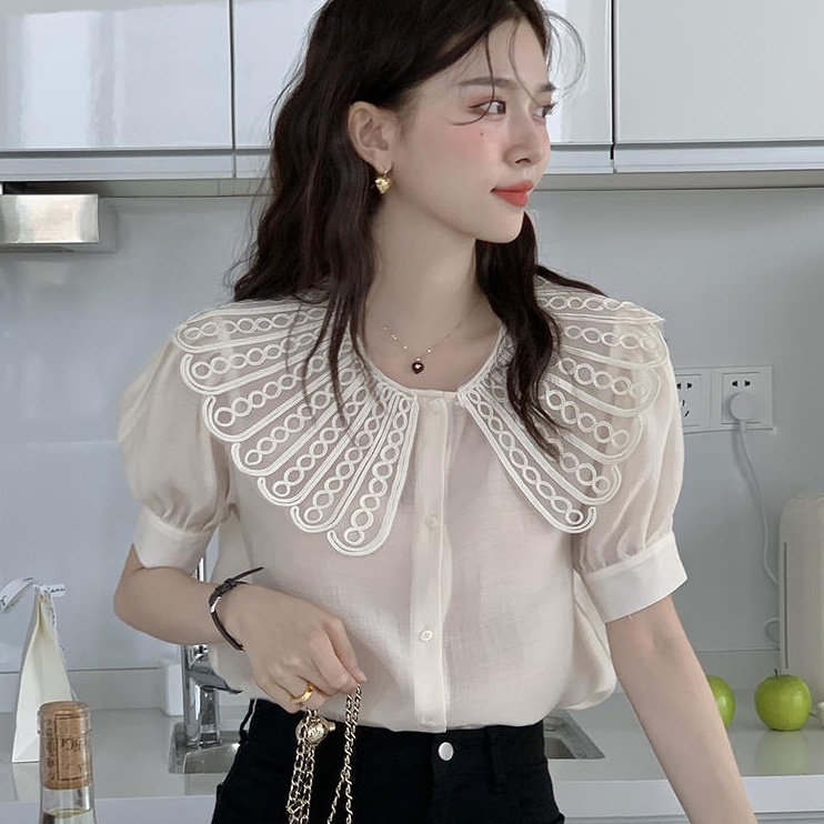 Áo Sơ Mi Tay Ngắn Cài Nút Cổ Phối Ren Phong Cách Retro 50016