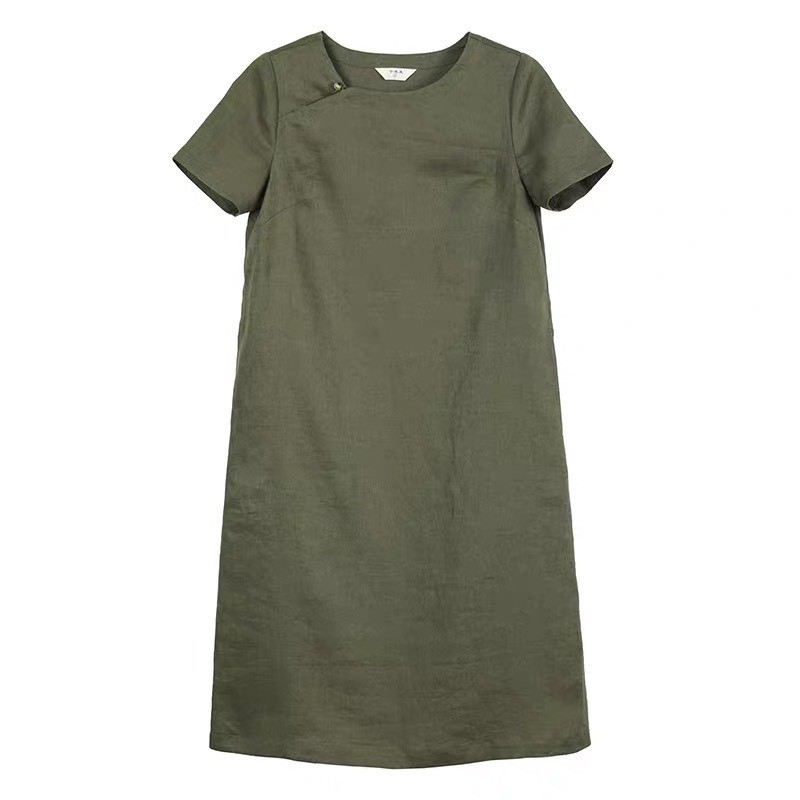 Đầm suông linen xanh rêu cổ vuông, thời trang xuân hè 2021