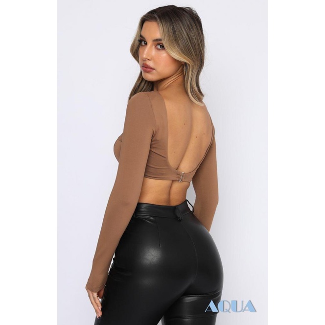 Áo Thun Crop Top Tay Dài Khoét Sâu Màu Trơn Gợi Cảm Cho Nữ