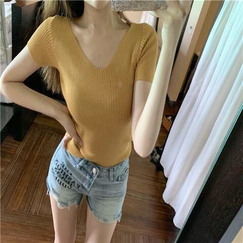 Fashion large size v-neck ice silk sweater bottoming shirt women's short-sleeved T-shirt thin tops