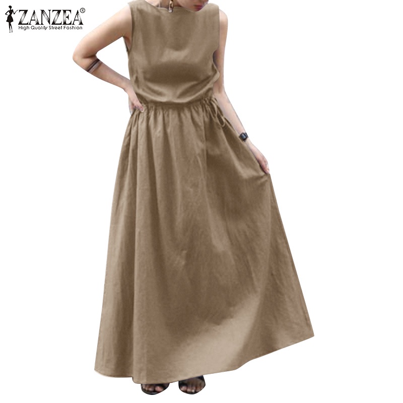 Đầm dài Zanzea dáng chữ A không tay cổ tròn thời trang Hàn Quốc dành cho nữ