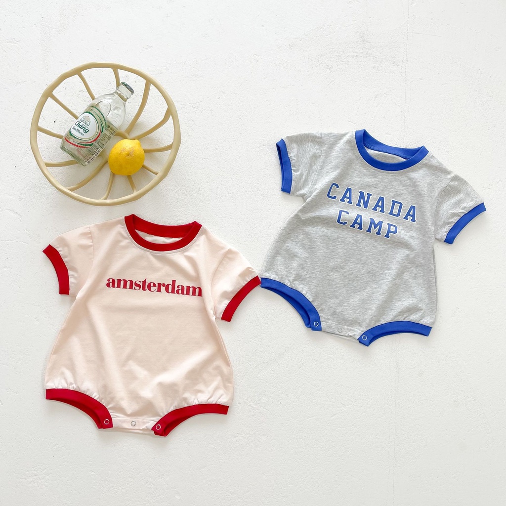 Áo Liền Quần Tay Ngắn In Chữ Bằng Vải Cotton Màu Sắc Thời Trang Mùa Hè 2023 Dành Cho Bé