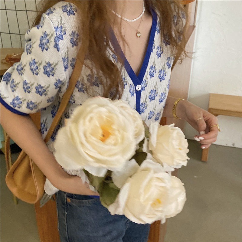 Áo khoác cardigan ZHELIHANGFEI dệt kim tay ngắn cổ V in họa tiết hoa dễ thương cho nữ