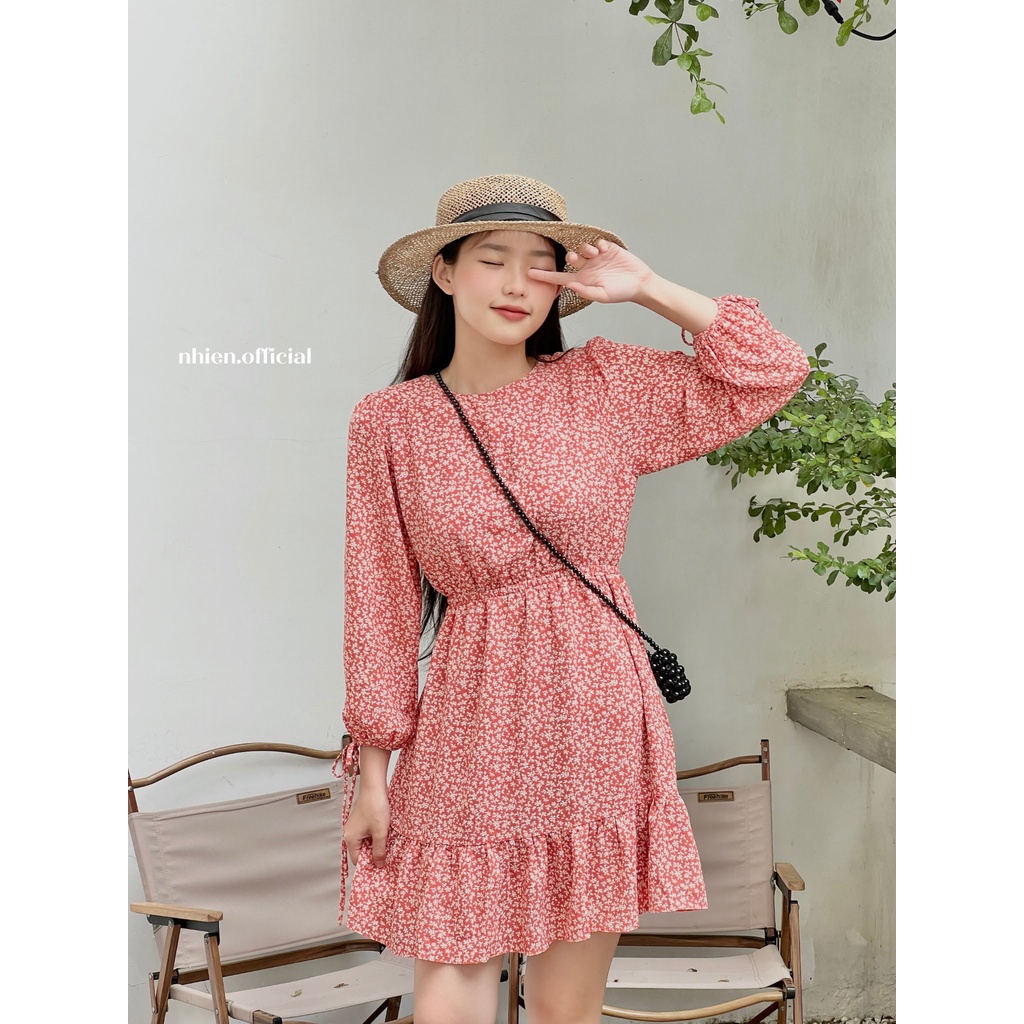 Đầm hoa nhí nữ nơ tay chun eo Nhienvintage BD10