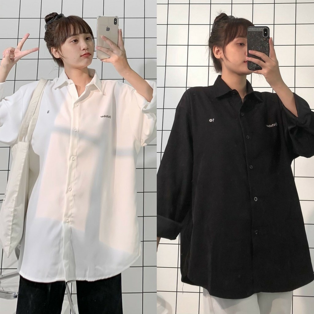 Áo Sơ Mi Nữ Dài Tay Form Rộng Dài Chất Lụa Thêu Chữ Yoyo Phong Cách Ulzzang