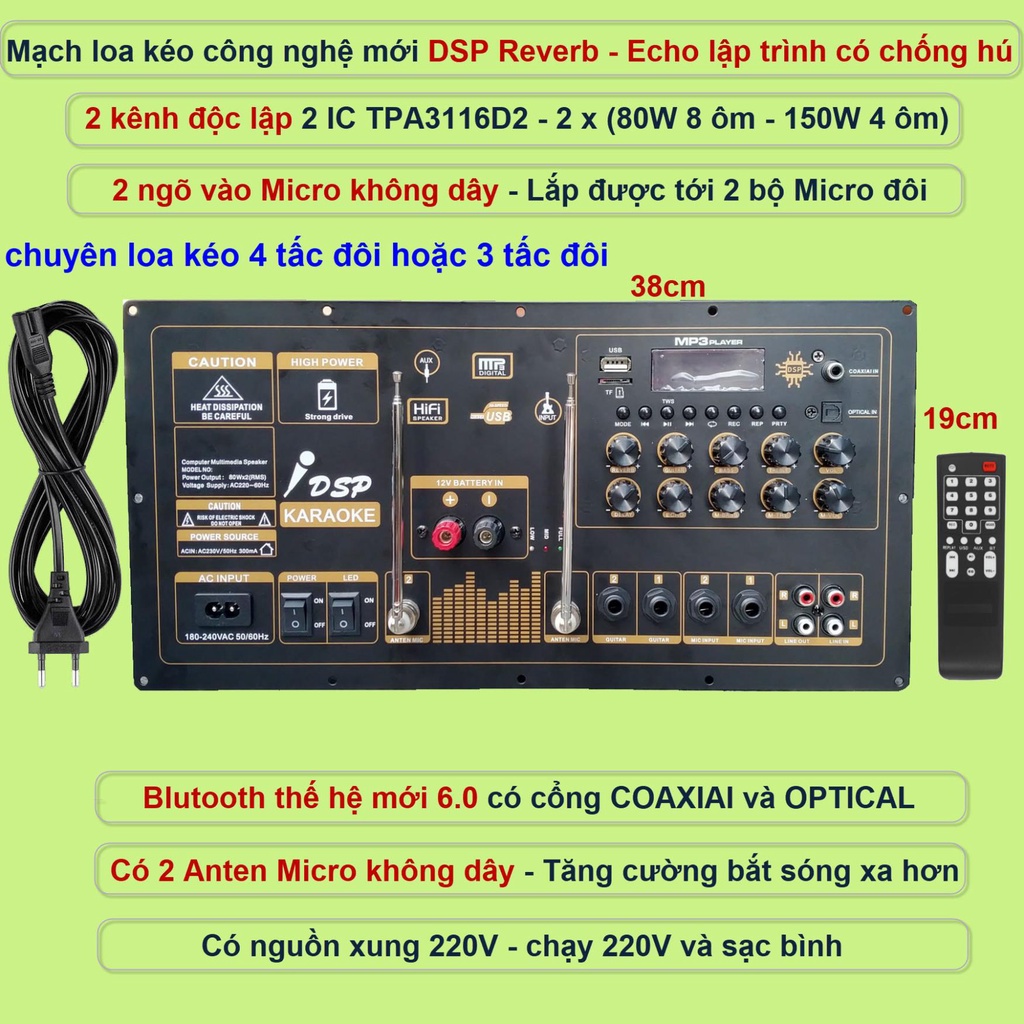 Mạch loa kéo Reverb 2 kênh độc lập 2 IC TPA3116D2 150W + 150W cho loa kéo 4 tấc đôi hoặc 3 tấc đôi