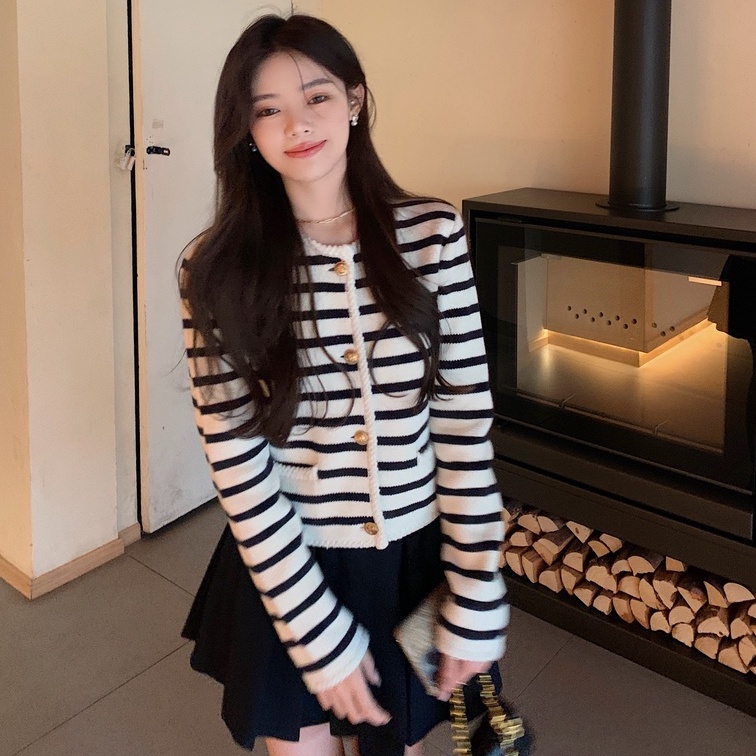 NZN Áo khoác cardigan dệt kim cổ tròn kẻ sọc caro 4 màu lựa chọn phong cách Hàn Quốc thời trang cho nữ