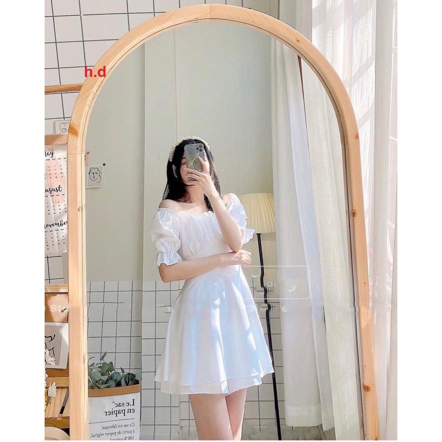 Váy trắng tiểu thư xòe 2 tầng cổ vuông rúm ngực buộc eo- Đầm nữ trễ vai tay bồng chất thô mềm phong cách hàn quốc