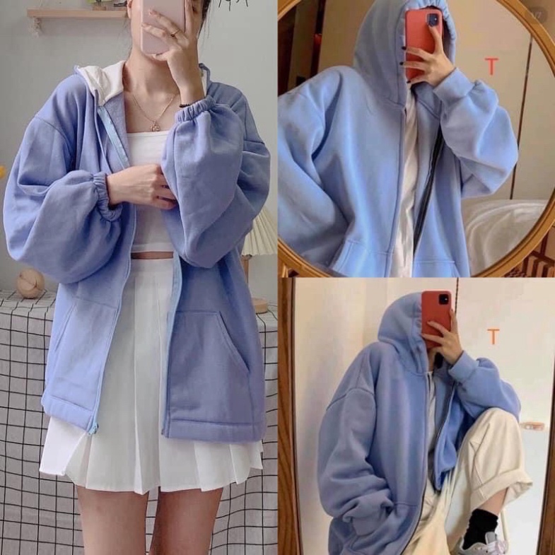 Áo Khoác Hoodie Nỉ Trơn Unisex🌸 Áo tay bồng khóa kéo có mũ hàng thu đông - Hàng mới về
