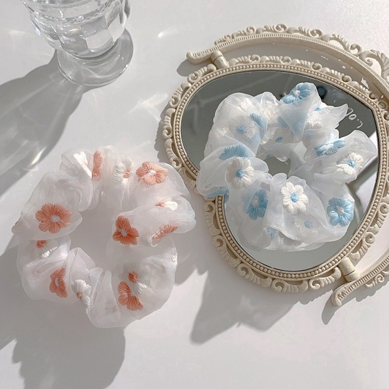 Scrunchie voan thêu hoa pastel - Dây buộc tóc