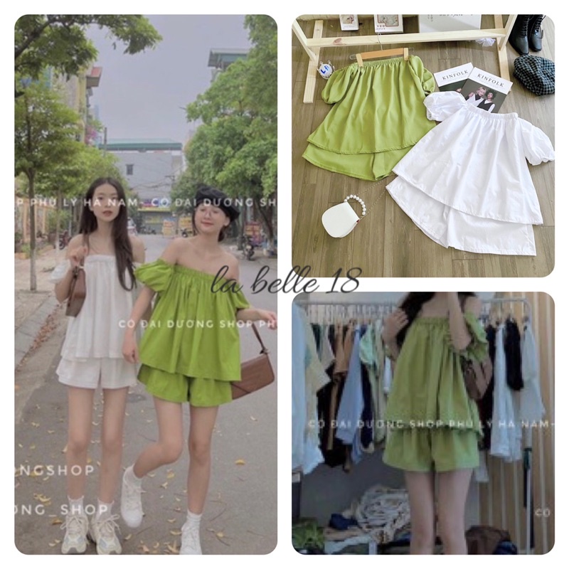 Set bộ trễ vai áo bệt vai hở lưng mix quần sooc chất thô mềm