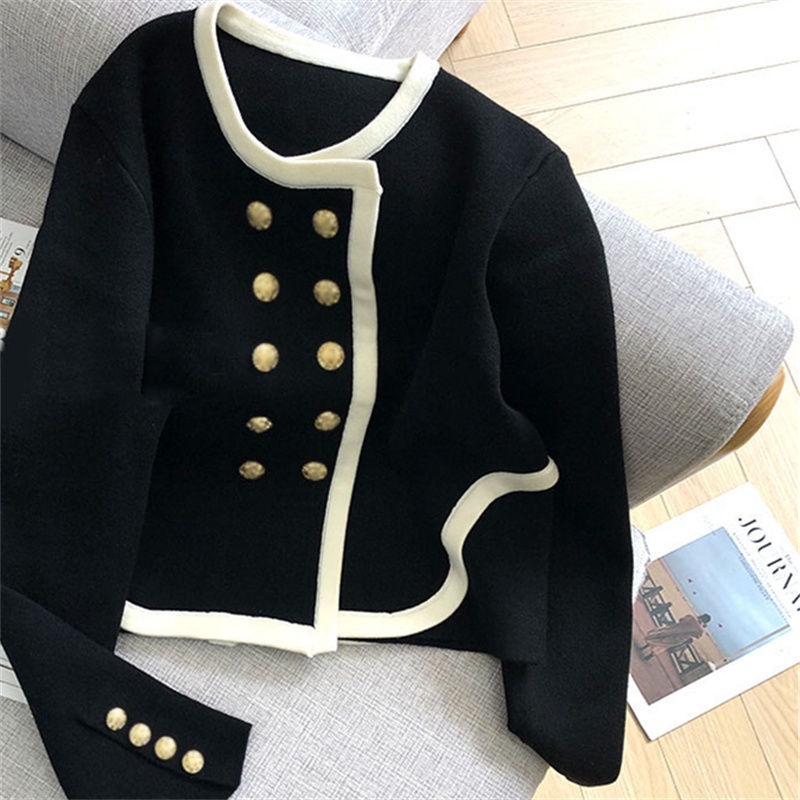 Áo Sweater Dệt Kim Cổ Tròn Hai Hàng Nút Phối Màu Sắc Tương Phản Phong Cách Hàn Quốc Thời Trang Mùa Thu Cho Nữ