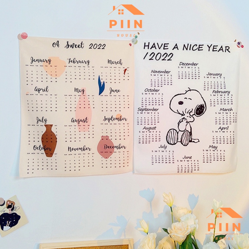 Tranh vải treo tường in lịch 2022 PIIN HOUSE thiết kế dễ thương decor trang trí góc học tập