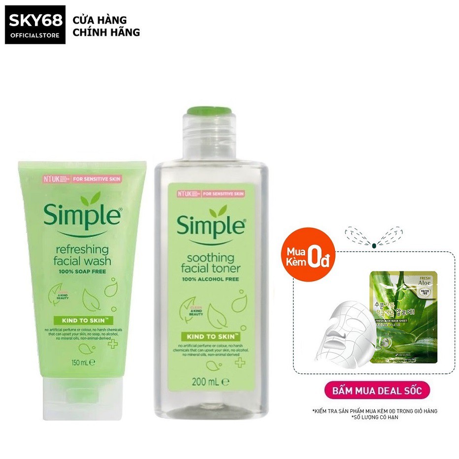 Combo 2 Sản Phẩm Giúp Da Sạch Sâu, Cấp Ẩm Và Cân Bằng Độ pH Cho Da Simple Kind To Skin (Sữa rửa mặt 150ml + Toner 200ml)