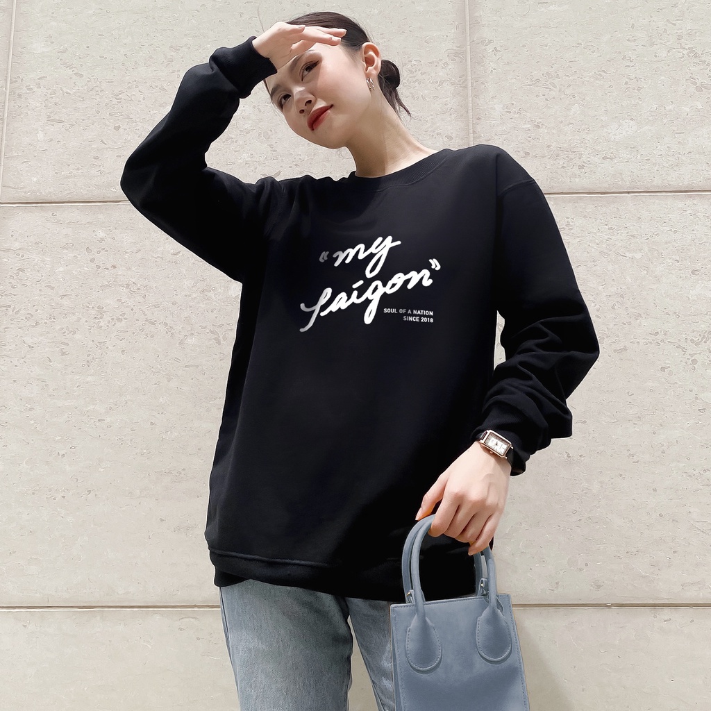 Sweater unisex In chữ trắng cao cấp MY SAIGON form basic vải nỉ bông / chân cua cotton SOUL OF A NATION - Đen / Trắng