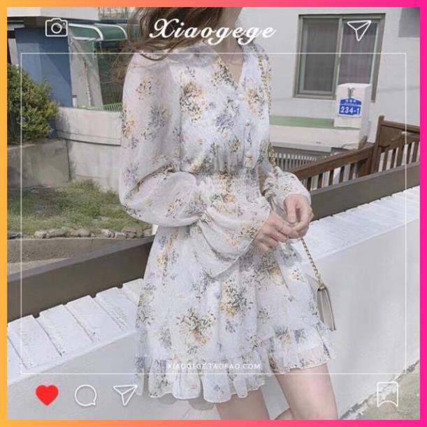 Váy hoa nhí vintage, Váy hoa voan tơ mát mịn cổ V -MOONMY