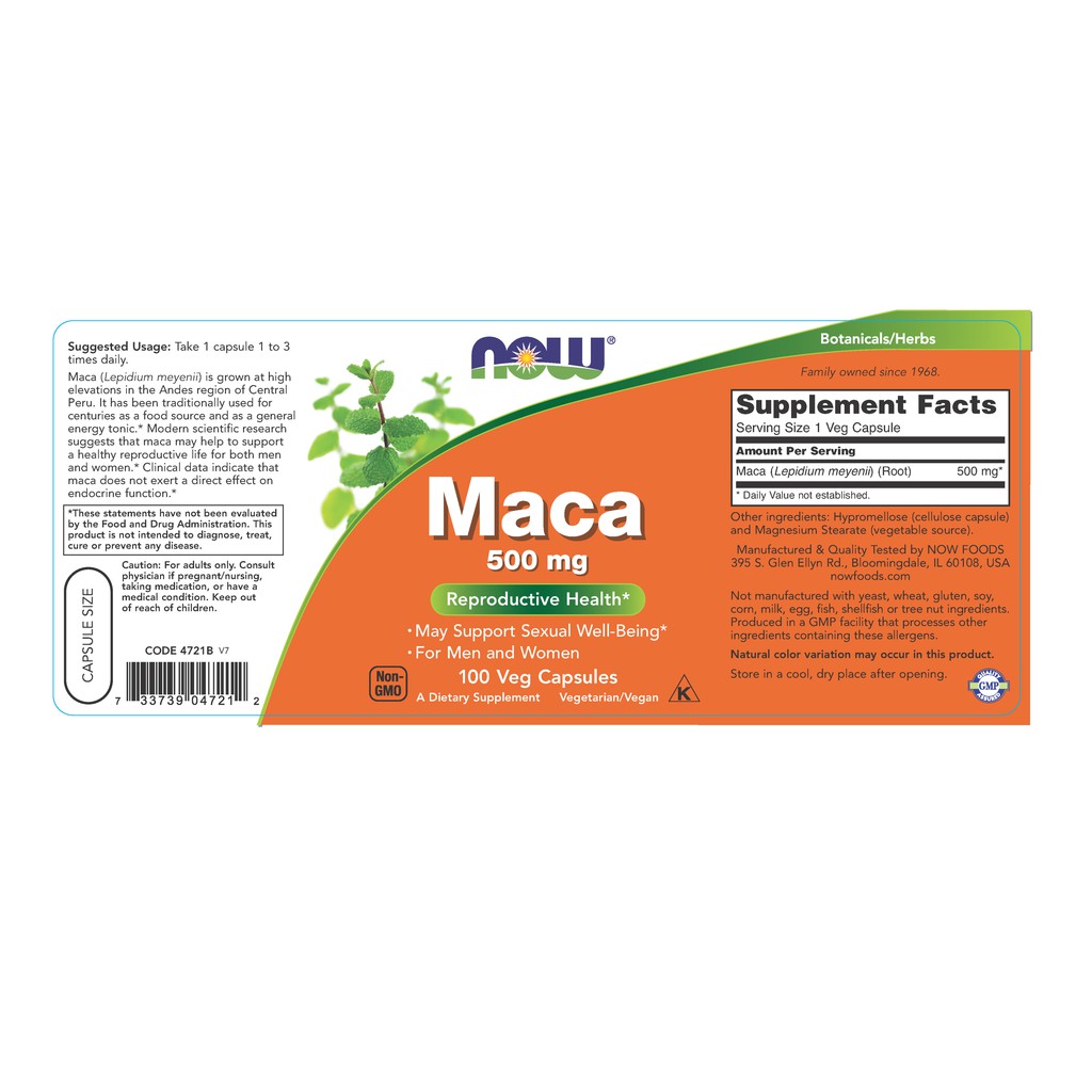 Viên uống tăng cường sinh lực, cải thiện khả năng sinh lý Maca 500mg 100 viên hãng NOW foods USA