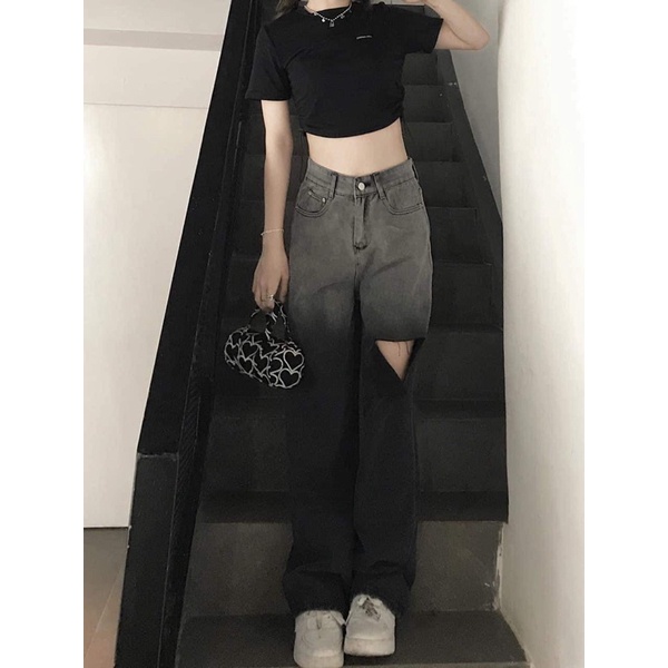 Quần jeans ống rộng loang rách gối QC size SML