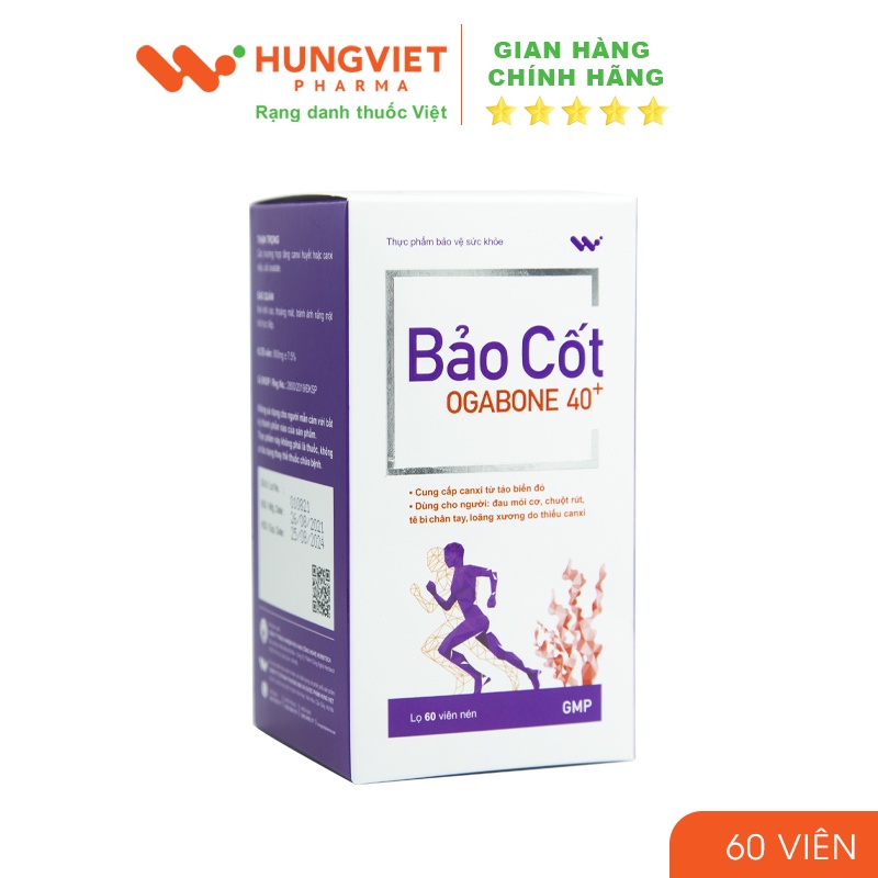Viên uống canxi từ tảo biển đỏ Bảo Cốt OGABONE 40+ Giảm nguy cơ loãng xương, bổ sung canxi HungViet Pharma Lọ 60 viên