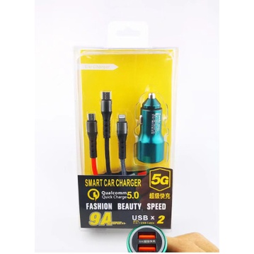Tẩu sạc nhanh 9Acông suất 40W kèm dây sạc USB 3 đầu cho các loại điện thoại dùng trên ô tô xe hơi