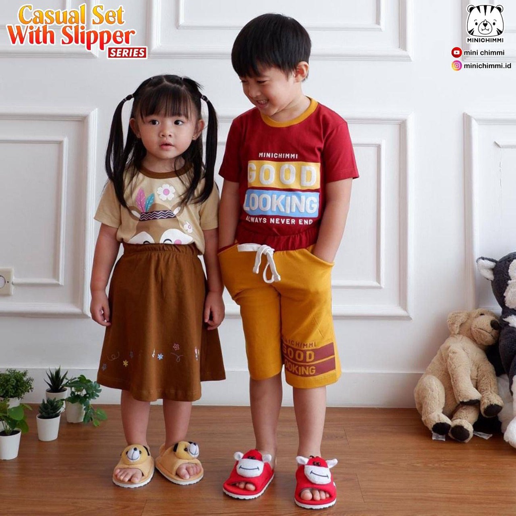 Bộ Đồ Minichimmi Giản Dị Với Dép Đi Trong Nhà Chính Hãng Dành Cho Bé Trai Và Bé Gái Từ 6 Tháng-6 Tuổi