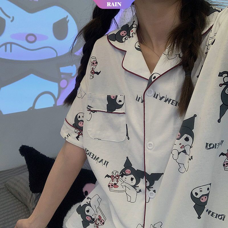 Bộ Đồ Ngủ Tay Ngắn Cổ Bẻ In Họa Tiết Kuromi Đáng Yêu Thời Trang Mùa Hè Cho Nữ