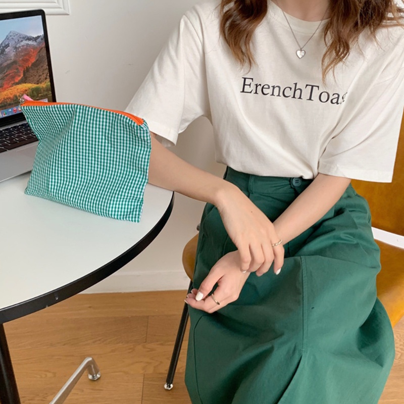 Túi Đựng Đồ Trang Điểm Bằng Cotton Họa Tiết Kẻ Sọc Có Khóa Kéo Đa Năng Thời Trang Cho Nữ