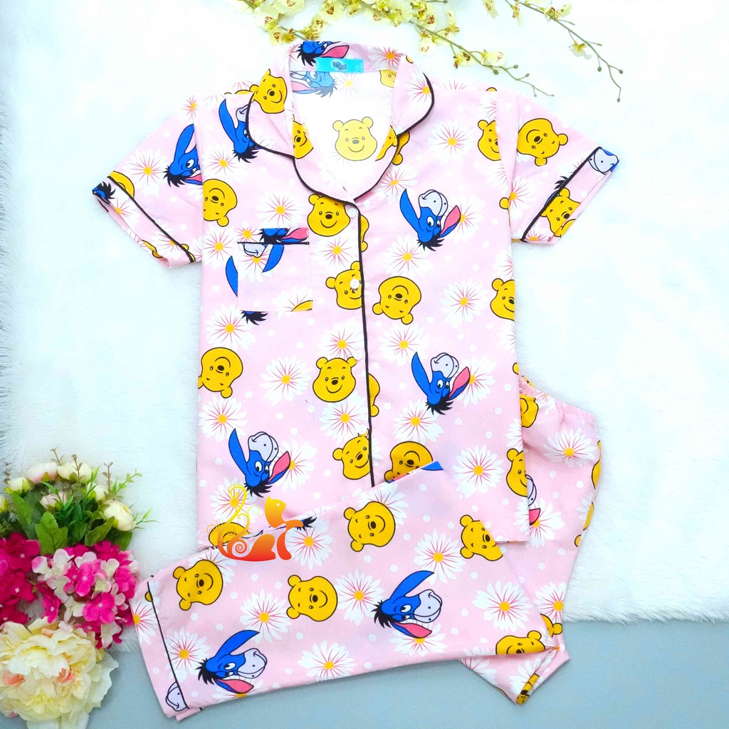 Đồ Bộ Mặc Nhà "Gấu Pu - Hoa Cúc" Pijama Kate Thái Quần Dài - Dưới 60kg.