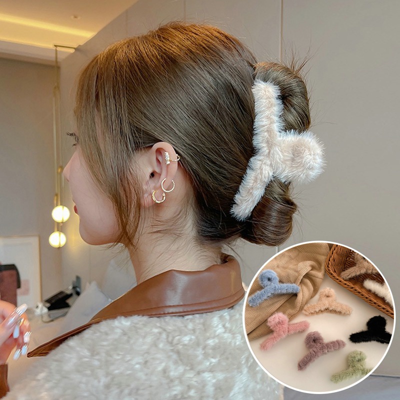 Kẹp Tóc Càng Cua Phủ Lông Giả Mềm Mại Phong Cách Hàn Quốc Ngọt Ngào Thời Trang Cho Nữ