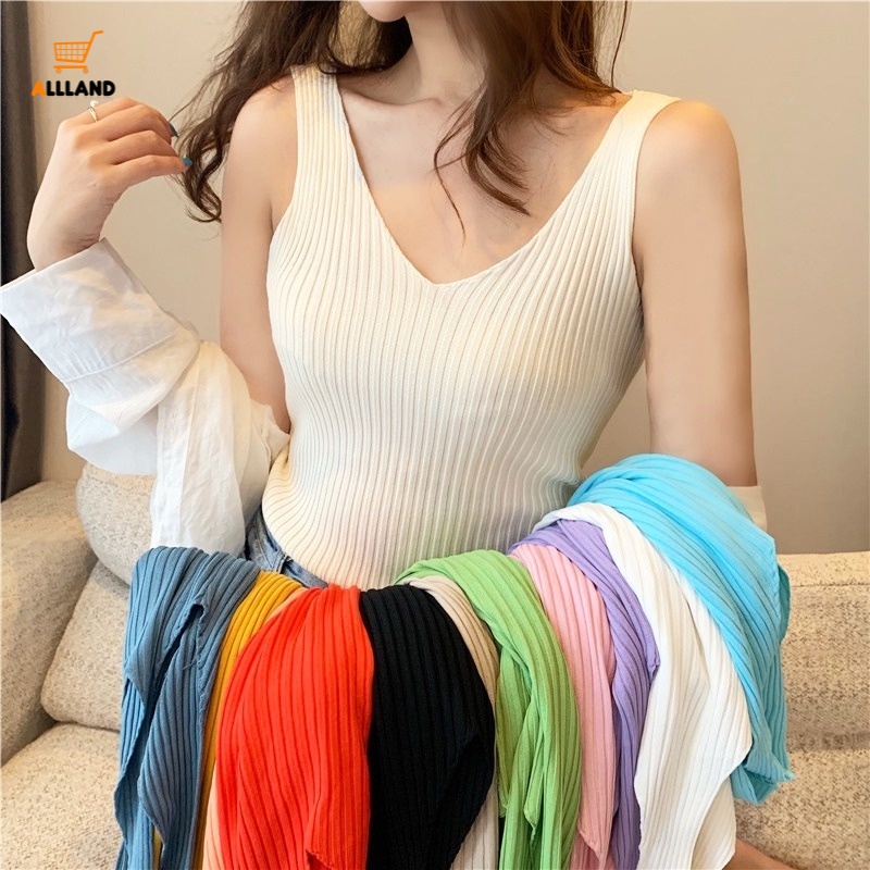 Áo Dệt Kim Không Tay Cổ Chữ V Màu Trơn Thời Trang Gợi Cảm Cho Nữ
