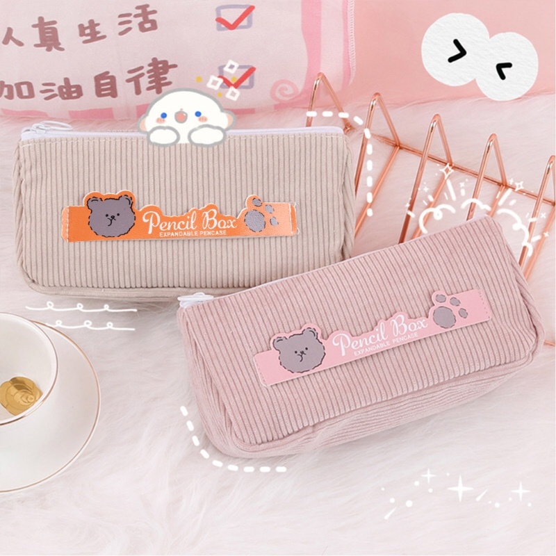 Bóp Viết Vải Nhung Kẻ Cao Cấp Có Khóa Kéo Dễ Thương