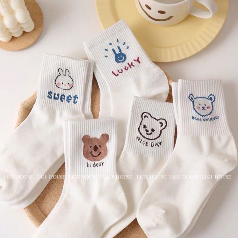 Set tất cổ cao hình gấu siêu cute, Tất trắng cổ cao đáng yêu kèm chữ và hoạ tiết hình gấu
