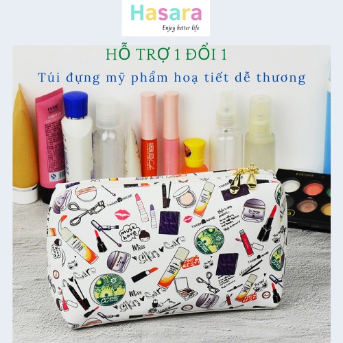 Túi đựng mỹ phẩm du lịch, túi đựng đồ hoạ tiết dễ thương chất liệu da PU