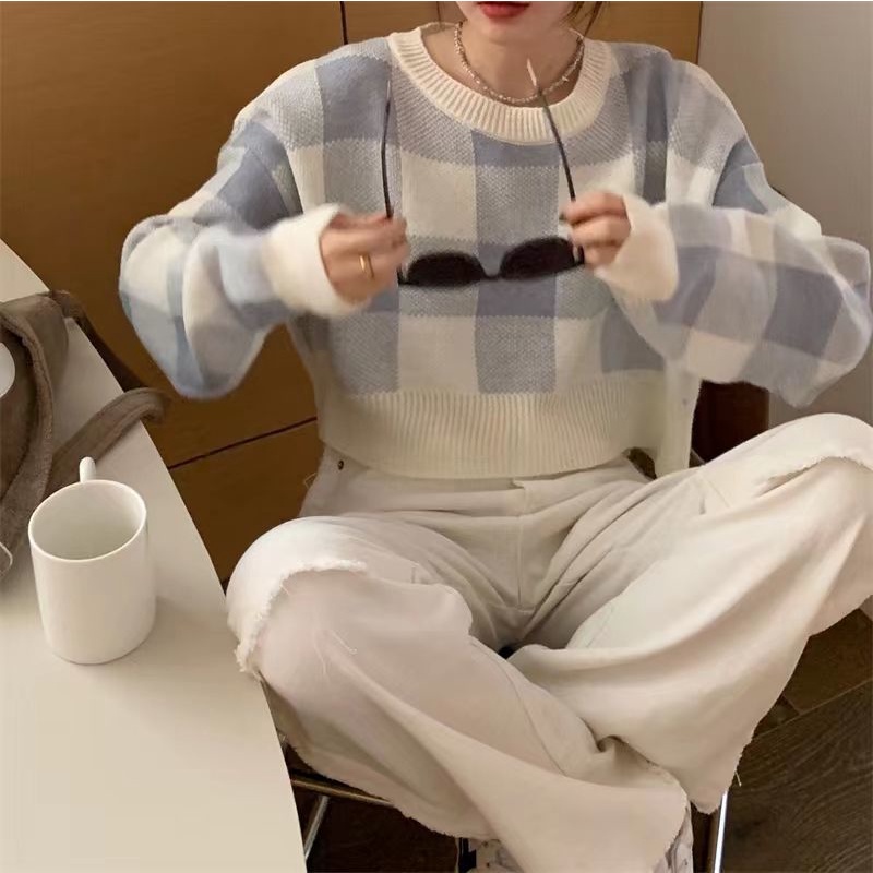 Áo Len Tay Dài Họa Tiết Sọc Caro Phong Cách Retro Hàn Quốc