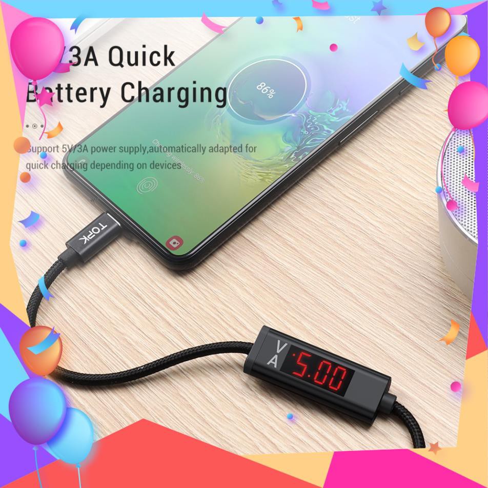 Cáp Sạc Nhanh TOPK AC36 Hiển Thị Điện Áp Và Dòng Điện 2 Trong 1 QC3.0 Micro USB Loại C Cho iPhone Samsung Xiaomi Dài 1M