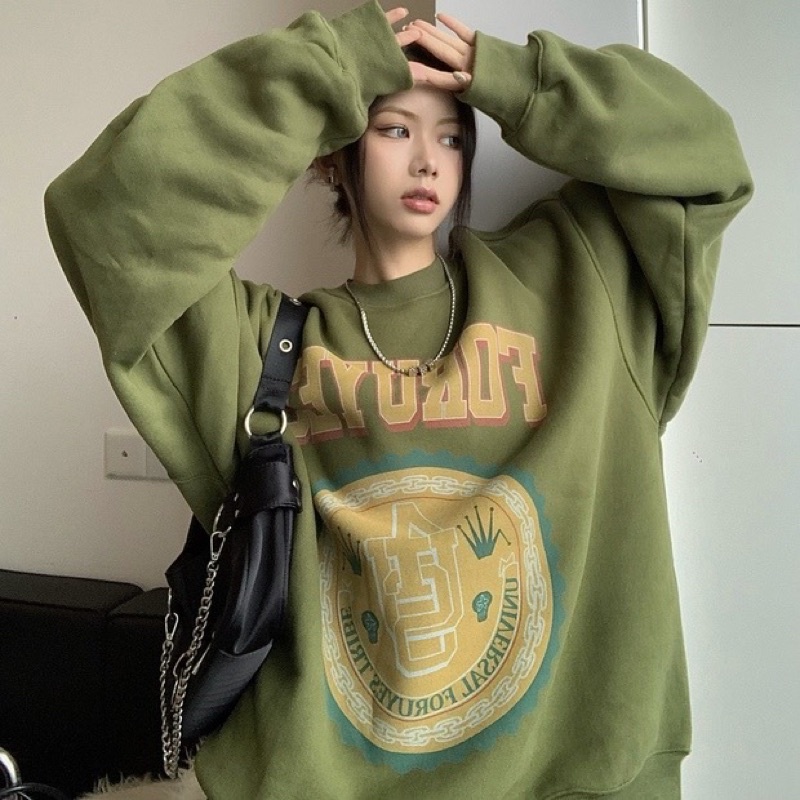 Áo sweater nỉ bông dày dặn màu xanh chi tiết phong cách vintage