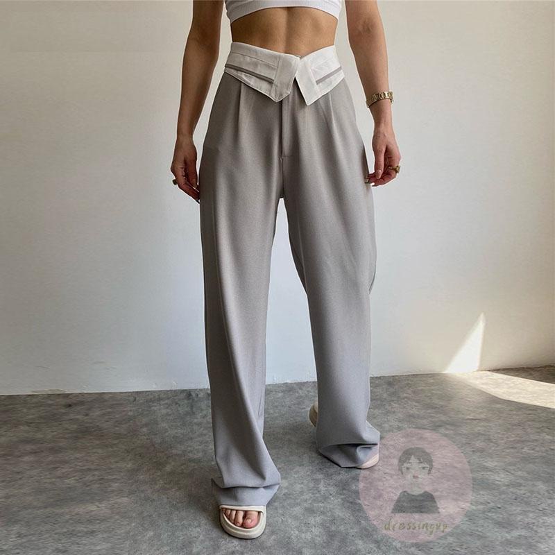 Quần ống rộng Lưng Cao Phối Khóa Kéo Thời Trang Cho Nữ