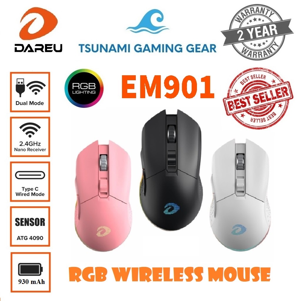 Chuột không dây gaming DareU EM901 RGB WIRELESS Pink/ Black/ White (Nâng cấp EM905 Pro) - BH 2 năm