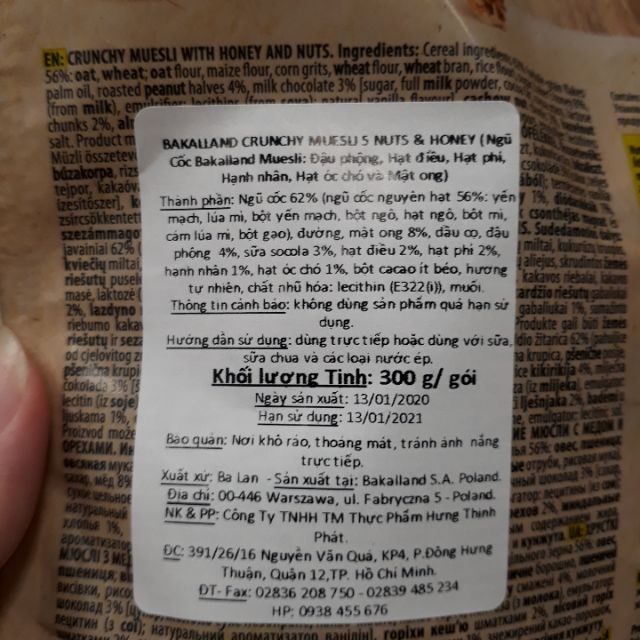Ngũ Cốc Bakalland Muesli 5 Loại Hạt Khô Trái Cây  Sấy Mật Ong Gói 300G ăn kiêng sáng rẻ