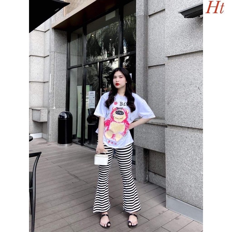 Sét áo gấu dâu hồng+quần loe kẻ HT12