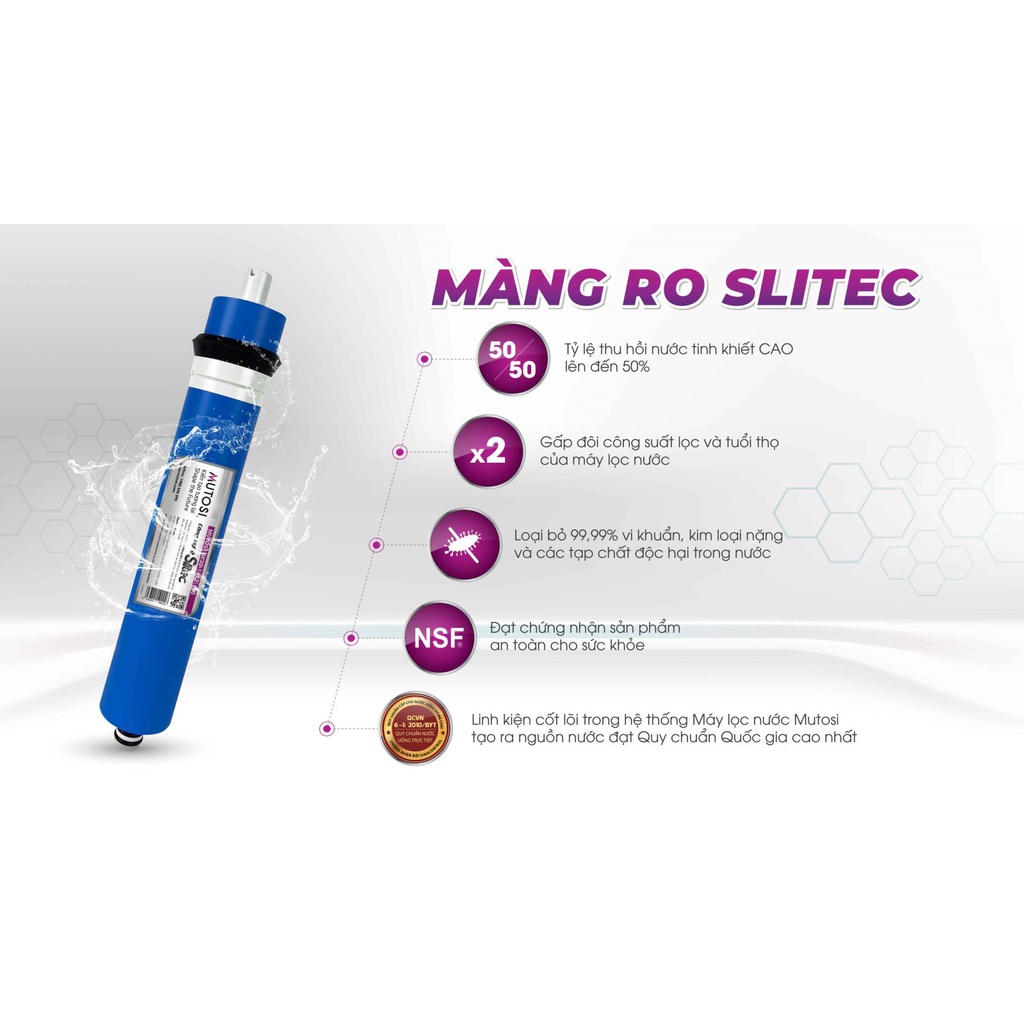 Màng lọc RO Mutosi SLITEC 75GPD loại bỏ 99.99% vi khuẩn và chất độc hại