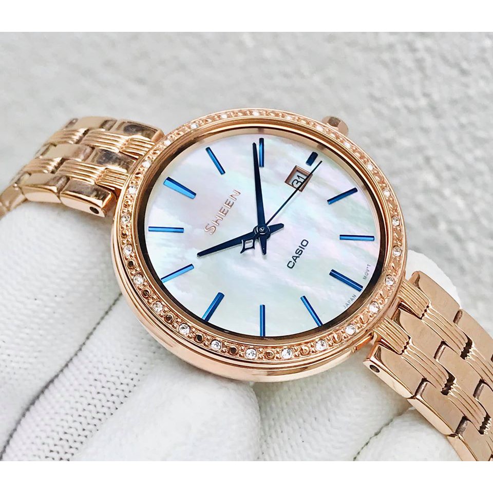 Đồng Hồ Nữ Casio Sheen SHE-4052PG-2AVDF Dây Kim Loại Mạ Vàng Hồng - Vạch Giờ Màu Xanh