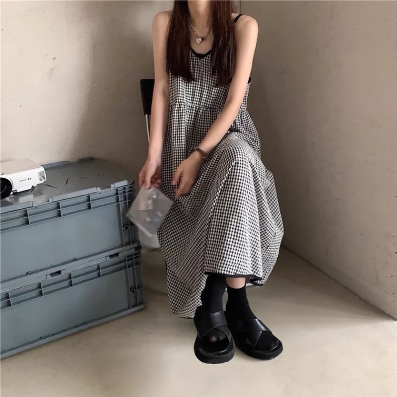 Đầm Nữ Cổ Chữ V Eo Thắt Dây Sọc Caro Thời Trang Nữ