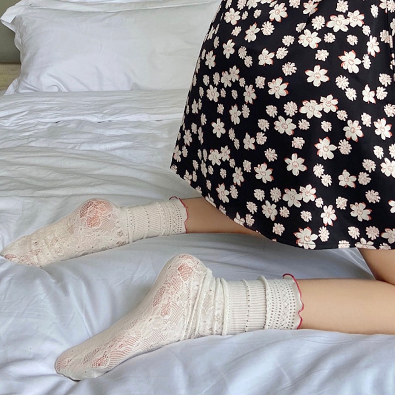 Youyo Vớ Ống Chân Phối Ren Mỏng Họa Tiết Hình Học Sọc Rỗng Phong Cách Harajuku Preppy Mùa Hè Cho Nữ