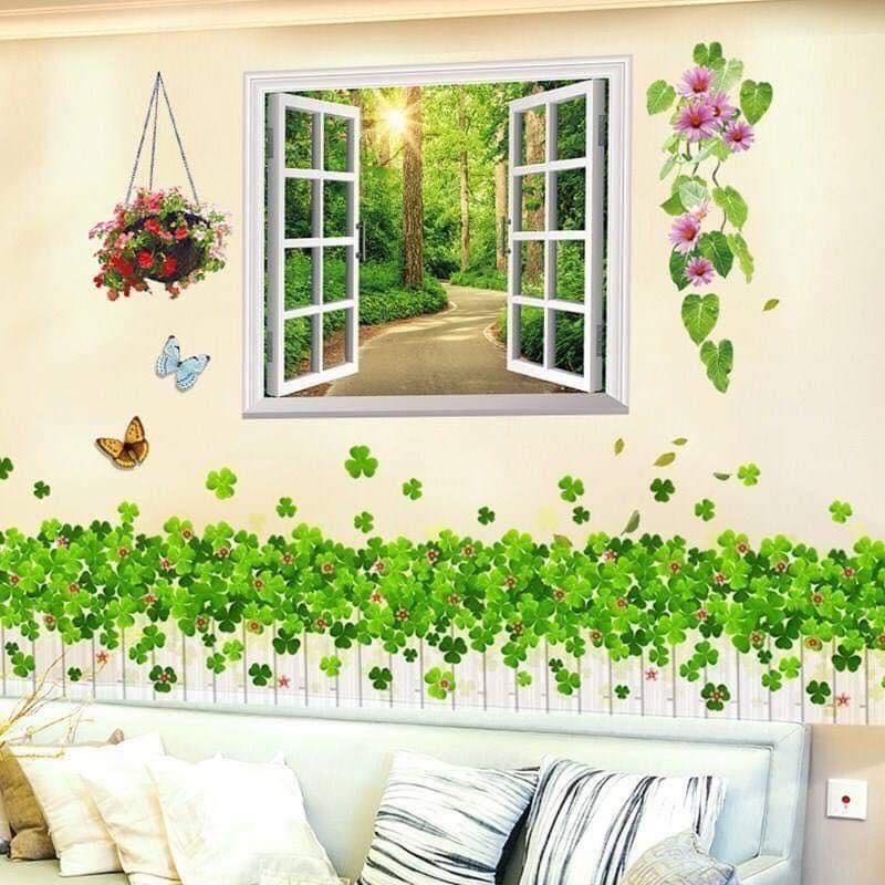 Decal dán tường mẫu cửa sổ + chân cỏ may mắn ( kèm kích thước va ảnh thật)