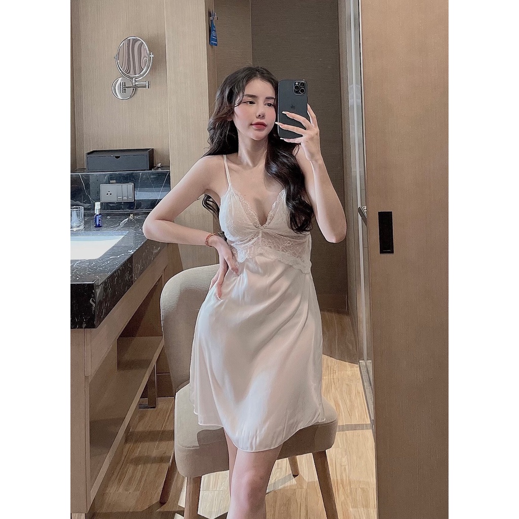 Váy Ngủ 2 Dây Phối Ren Có Mút Ngực Lụa Cực Mát - Đầm Ngủ Sexy Freesize