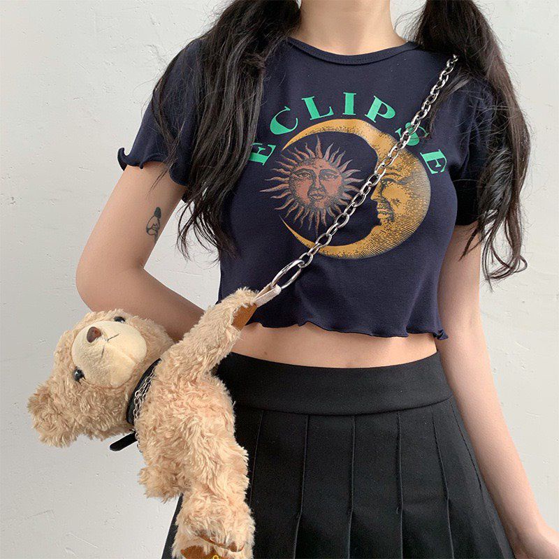 Áo croptop hình AM chất cotton co dãn 4 chiều, rua gấu cá tính phong cách, tôn dáng, body